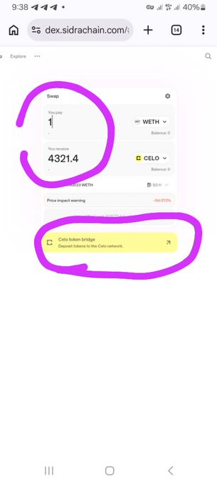 A mobile screenshot of the 'dex.sidrachain.com' interface showing a token swap from WETH to CELO, with hand-drawn pink circles highlighting the swap amounts (1 to 4321.4) and a 'Celo token bridge' button.