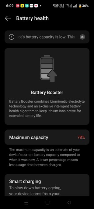 A smartphone screenshot of a battery health settings page, showing 36% battery remaining, a warning that 'ce's battery capacity is low', and a 'Maximum capacity' of 78%.