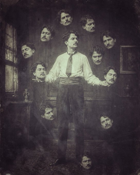 A vintage, sepia-toned composite photograph showing a central man in a shirt and tie surrounded by nine floating duplicate heads of himself in various expressions.
