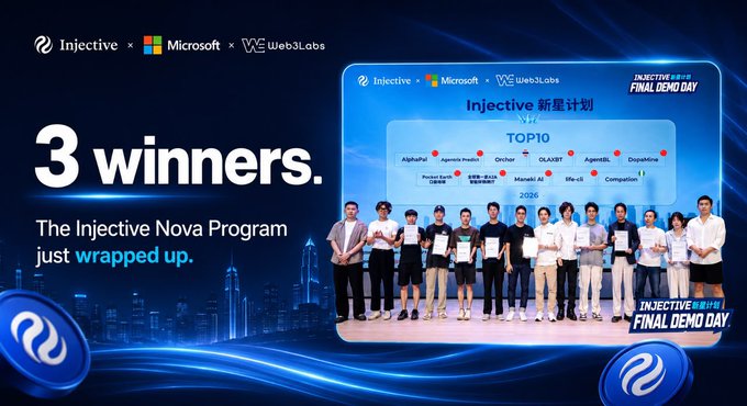 Injective x Microsoft x Web3Labs promotional graphic announcing '3 winners' of the Injective Nova Program Final Demo Day in 2026.
