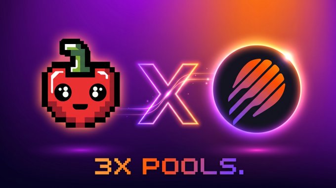 Promotional graphic with a purple and orange gradient background showing a pixel-art cherry character next to an 'X' symbol and a stylized planet/sphere, with text reading '3X POOLS.'