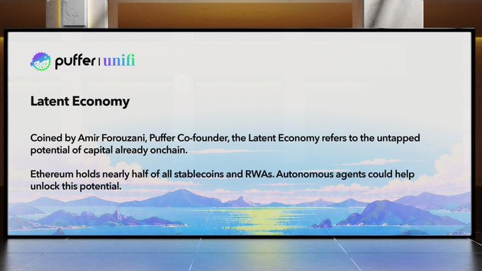 A Puffer and Unifi presentation slide titled “Latent Economy” defines the term as the untapped potential of capital already onchain. It adds that Ethereum holds nearly half of all stablecoins and RWAs and that autonomous agents could unlock this potential.