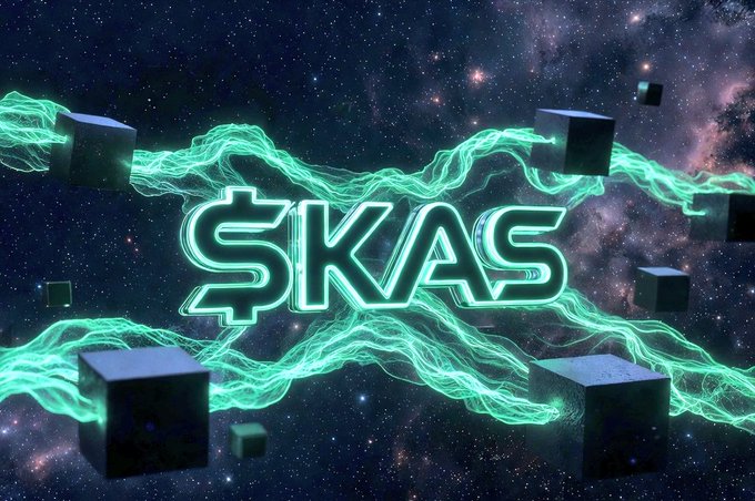 The image features the text "$KAS" in glowing neon green letters set against a cosmic starry background, with flowing green energy waves and floating dark cubes, visually emphasizing the cryptocurrency's bold and futuristic presence. This aligns with the post celebrating a major $KAS upgrade, using the cosmic and high-tech aesthetic to underscore the significance of the achievement.