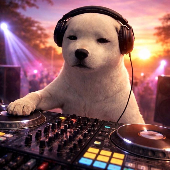 The image features a white dog wearing headphones, sitting behind a DJ mixer with buttons and knobs. A caption below the photo reads "$https community is in it genuinely for fun." The focus of this image seems to be on the humorous aspect of having a dog as a DJ, rather than the actual DJ equipment or music being played.