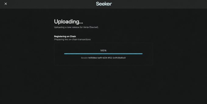 A Seeker upload screen shows 100% progress, displaying the message "Uploading a new release for Verda (Devnet)," "Registering on Chain," and "Preparing the on-chain transactions" with the session hash fe6069ea-baf9-4224-8f22-2c0fc36a6bd3.