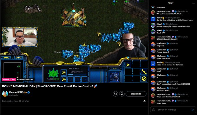 A live Twitch stream by Zio.ron | KIND titled 'RONKE MEMORIAL DAY | StarCRONKE, Pew Pew & Ronke Casino!' featuring StarCraft gameplay and an active chat.