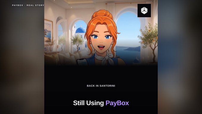 An animated illustration features a smiling red-haired woman in a sunlit room overlooking the sea, with text reading "PAYBOX · REAL STORY," "BACK IN SANTORINI," and "Still Using PayBox," tying the Greek island setting to the DeFi platform's brand identity.