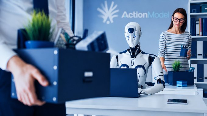 An office scene showing a humanoid robot at a desk with a laptop while a person carries a box labeled 'ActionModel' and a woman works in the background.