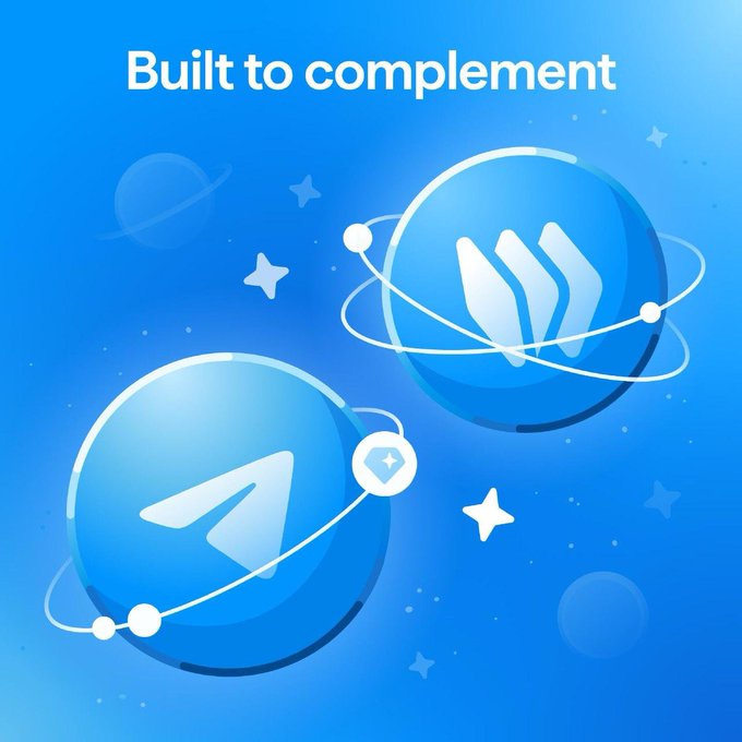 A blue-themed promotional graphic titled "Built to complement," featuring two glossy spherical orbs displaying the Telegram paper plane logo and a chevron-style icon connected by orbital rings, visually symbolizing the integration between Telegram and the Gram wallet to access blockchain-based assets for over a billion users.