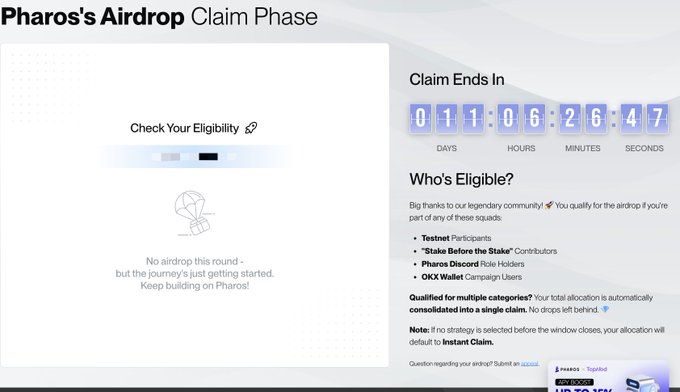 A 'Pharos's Airdrop Claim Phase' webpage showing eligibility check with a countdown timer of 01 days, 06 hours, 26 minutes, 47 seconds, indicating no airdrop this round for the user.