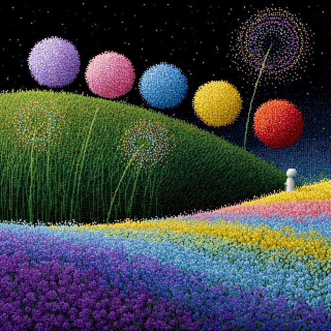 A pointillist-style painting depicting a whimsical landscape with five large spherical trees in purple, pink, blue, yellow, and red, set on rolling green hills beside a field of pastel flowers.