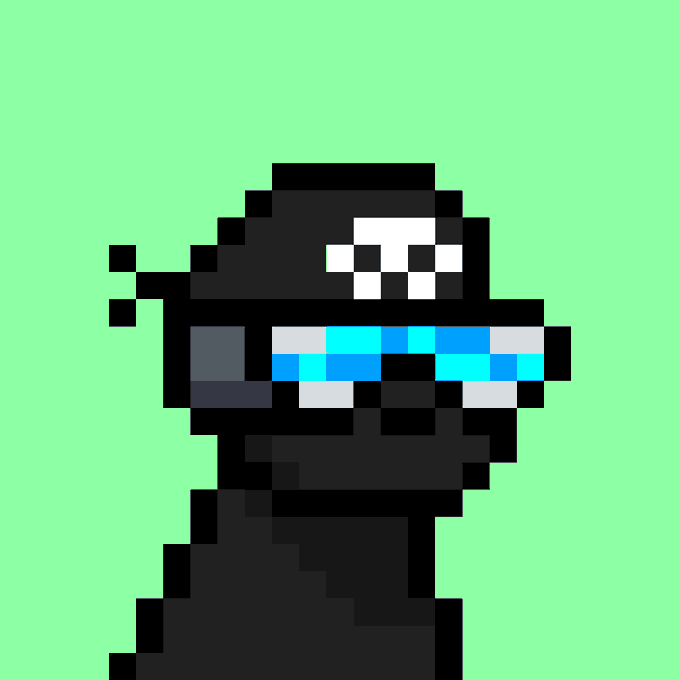 A pixel-art image of a figure wearing a black mask/hat and a teal mask, resembling a ninja or stealth character, set against a bright green background.