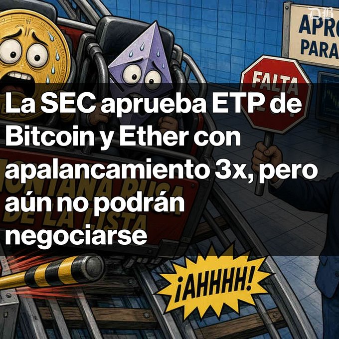A Spanish-language news graphic with cartoon coins and crypto logos, titled 'La SEC aprueba ETP de Bitcoin y Ether con apalancamiento 3x, pero aún no podrán negociarse.'