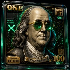 A stylized cryptocurrency token or collectible card featuring Benjamin Franklin's face with glowing green sunglasses, displaying "ONE" at the top, "FRANKLIN 100 XRP" at the bottom, and labeled "Edition 1" with a serial number.