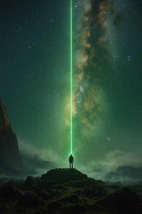 A lone figure stands atop a rocky outcrop beneath a stunning night sky, where a vibrant green beam of light shoots up into the cosmos, mirroring the post's ominous anticipation of a "huge runner" arriving as "the trenches are waking up." The celestial alignment and glowing pillar suggest a monumental, otherworldly event about to unfold.