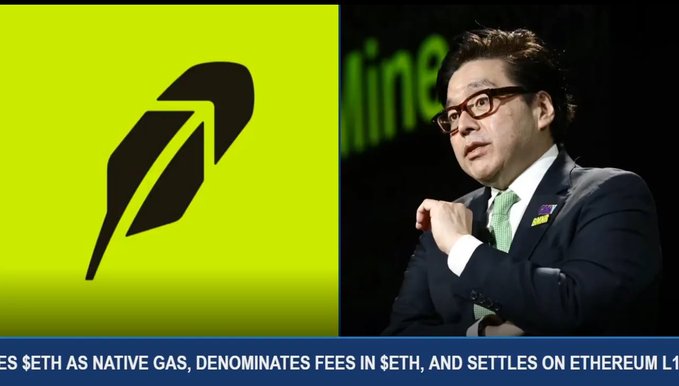 The image shows Tom Lee alongside a stylized rocket logo on a green background, with a ticker mentioning "$ETH as native gas" and "settles on Ethereum Layer." It visually reinforces the post's claim about Robinhood Chain's success on Ethereum, highlighting the points about ETH serving as native fuel and for settling transactions.