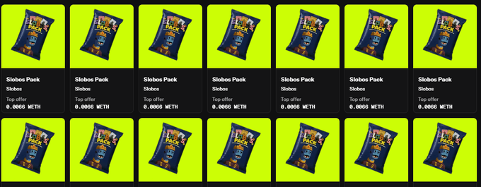 Grid of identical Slobos Pack NFT listings by Slobos, each with a top offer of 0.0066 WETH on a yellow background.