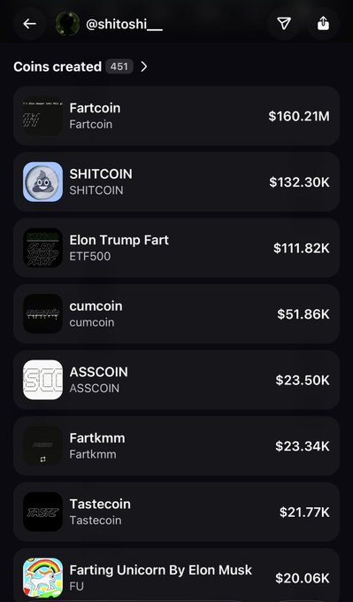 The image shows a cell phone displaying a list of different cryptocurrencies, including "Satoshi", "Fartcoin", "Ethereum", and "SFT coin", along with their respective prices and fees. The user has posted about these coins being created or gained on this app, likely discussing the various opportunities for making money through cryptocurrency trading.