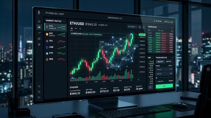 A cryptocurrency trading dashboard on a monitor displaying an ETH/USD candlestick chart at $1845.20 with a market watch list including BTC, SOL, LINK, BNB, and BTR.
