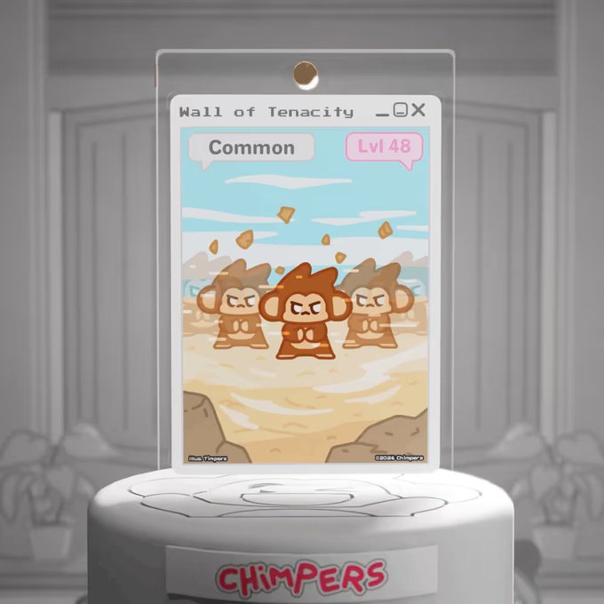 A digital collectible card titled 'Wall of Tenacity' featuring three cartoon chimps on a beach, labeled 'Common' and 'Lvl 48', displayed on a Chimpers pedestal.