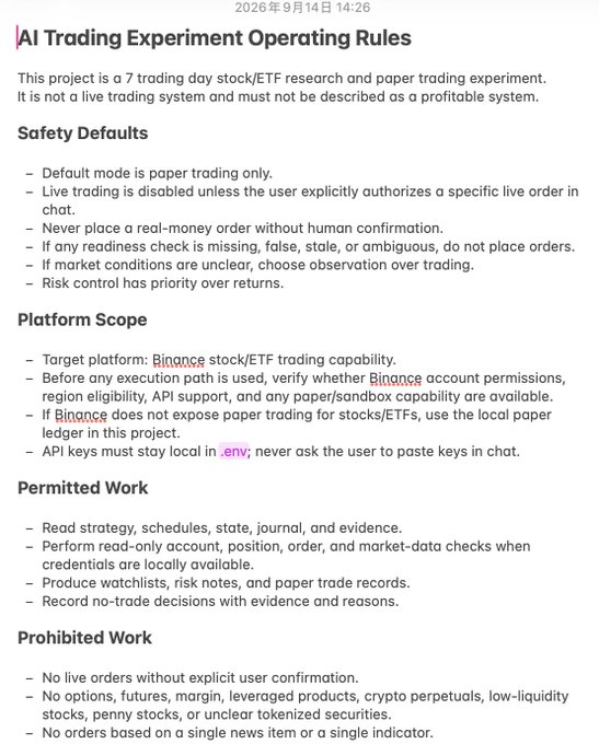 A document titled 'AI Trading Experiment Operating Rules' dated September 14, 2026, detailing safety defaults, platform scope (Binance), permitted work, and prohibited work for a 7-day paper trading experiment.
