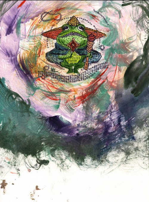 A mixed-media artwork featuring a central figure resembling a green frog wearing a star-shaped headdress, surrounded by colorful, chaotic brushstrokes and printed patterns.