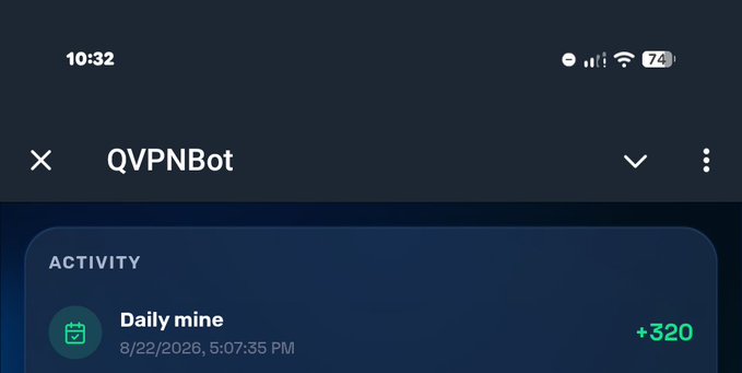 A mobile app screenshot showing 'QVPNBot' interface with an activity log entry 'Daily mine' dated 8/22/2026, 5:07:35 PM showing +320.