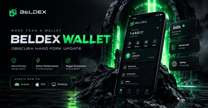 A dark promotional banner for BELDEX WALLET advertising the 'OBSCURA HARD FORK UPDATE' with features including 'More Privacy,' 'Better Performance,' and 'Bigger Ecosystem,' showing a smartphone displaying the wallet interface against a green-lit futuristic background.