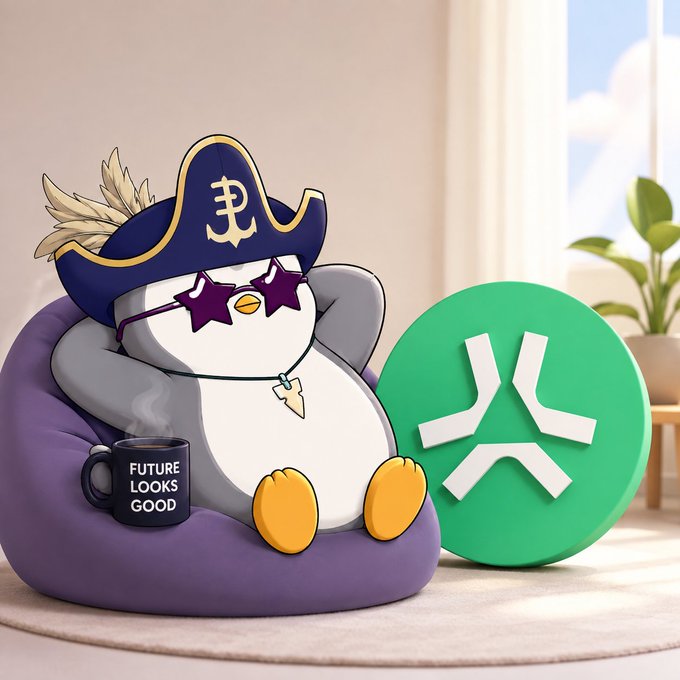 A cartoon penguin wearing a pirate hat and star-shaped sunglasses lounges in a purple beanbag chair with a 'FUTURE LOOKS GOOD' mug, next to a green X-style logo.