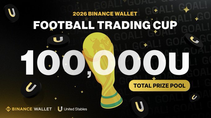 A promotional graphic for the '2026 Binance Wallet Football Trading Cup' featuring a gold trophy and a 100,000 U total prize pool sponsored by United Stables.