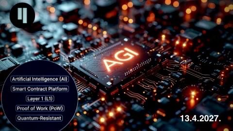 A glowing microchip labeled 'AGI' surrounded by circuit board lights, with overlay text mentioning Artificial Intelligence (AI), Smart Contract Platform, Layer 1 (L1), Proof of Work (PoW), Quantum-Resistant, and date 13.4.2027.