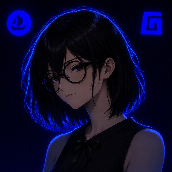 An anime-style digital art portrait of a girl with short black hair and round glasses, set against a dark blue background with glowing blue rim lighting and a stylized 'G' logo.