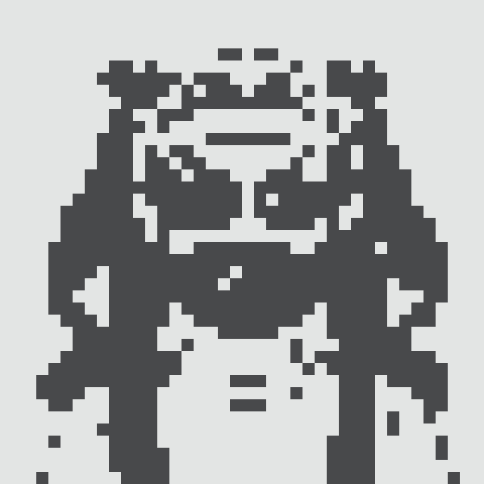 A dark, pixelated figure resembling a character wearing sunglasses, rendered in a low-resolution, blocky style against a white background.