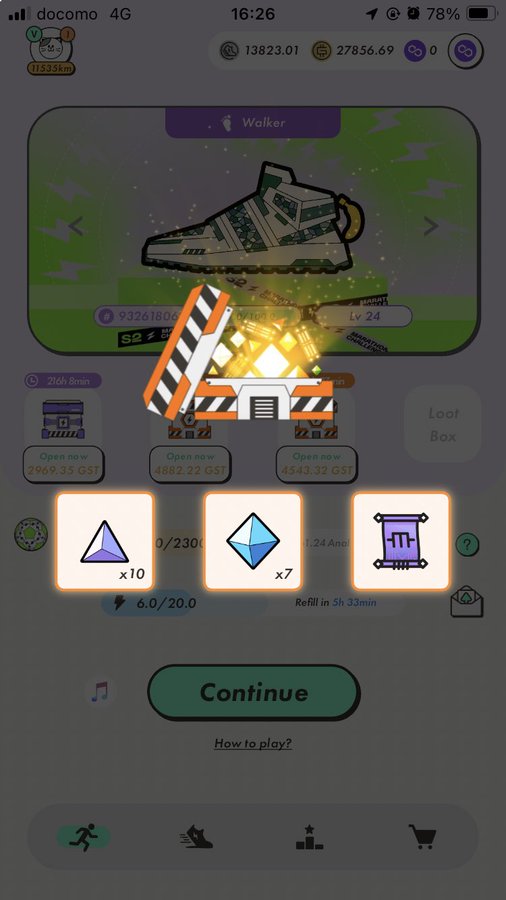 A mobile game screenshot showing a 'Walker' sneaker at level 24 with rewards of purple triangles (x10) and blue diamonds (x7), and a 'Continue' button at the bottom.