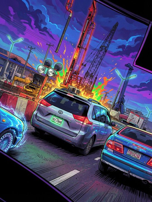 Vibrant anime-style illustration of cars racing through a neon-lit industrial cityscape at dusk, with a silver Toyota SUV in the center and electric blue vehicles flanking it.