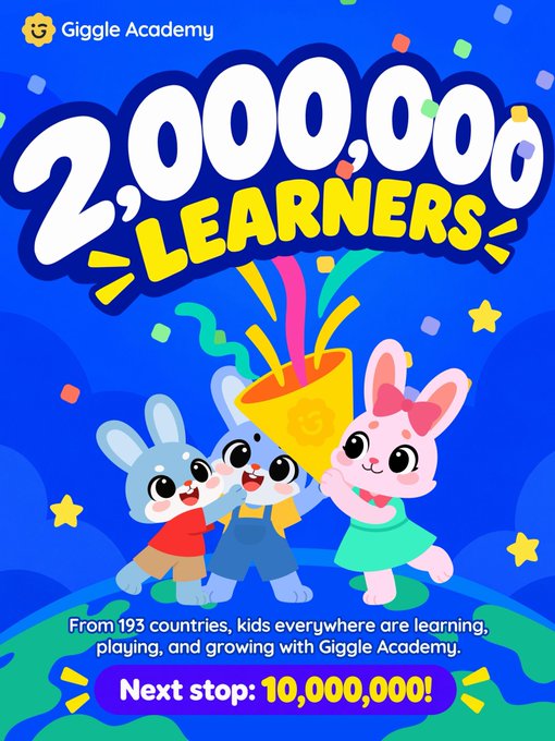 A vibrant Giggle Academy promotional graphic celebrates reaching 2,000,000 learners, featuring cartoon bunny characters popping out of a party popper against a blue background with confetti. The text reads "2,000,000 LEARNERS," notes that "kids everywhere are learning, playing, and growing with Giggle Academy" from 193 countries, and declares "Next stop: 10,000,000!" This image visually reinforces the milestone announcement, showing the global community of young learners the platform has cultivated while teasing an even bigger goal.