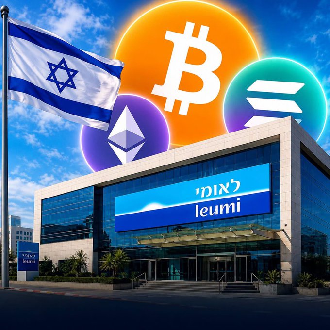 An image shows the Bank Leumi building with the Israeli flag in the foreground and large crypto symbols (Bitcoin, Ethereum, and Solana) floating in the sky above