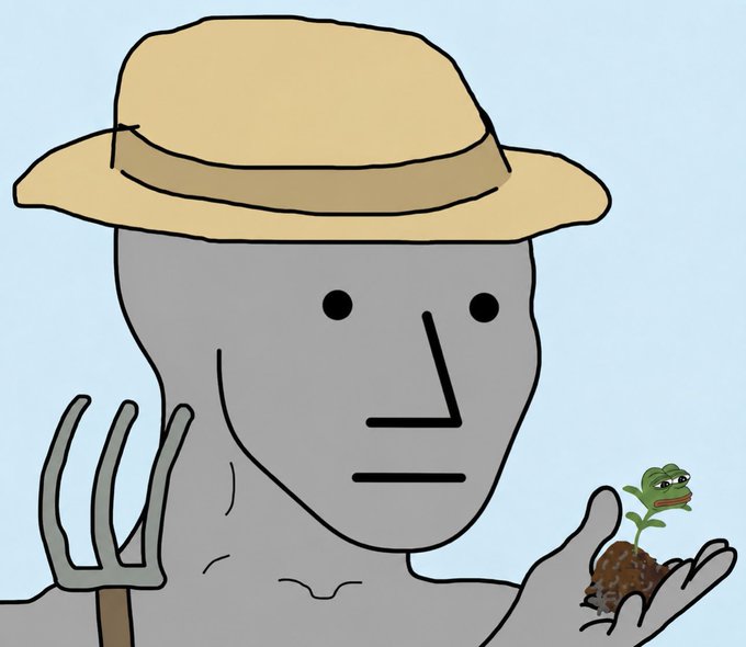 A cartoon illustration of a gray farmer with a simple line-drawn face wearing a straw hat, holding a pitchfork in one hand and a small plant with a cartoon face in the other.
