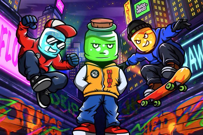 A colorful cartoon illustration featuring three anthropomorphic characters including a bottle character wearing a 'HEDZ' vest, set against a vibrant nighttime cityscape with signs reading 'Juice Heiz'.