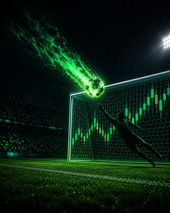 A goalkeeper dives toward a glowing green ball trailing luminous energy as it soars into the net, while a candlestick chart glows across the goal netting, visually echoing the post's metaphor of a market rally bouncing upward despite the keeper's correct guess.