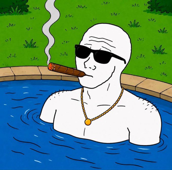 A minimalist cartoon of a pale, bald figure wearing sunglasses and a gold chain, relaxing in a pool while smoking a cigar.