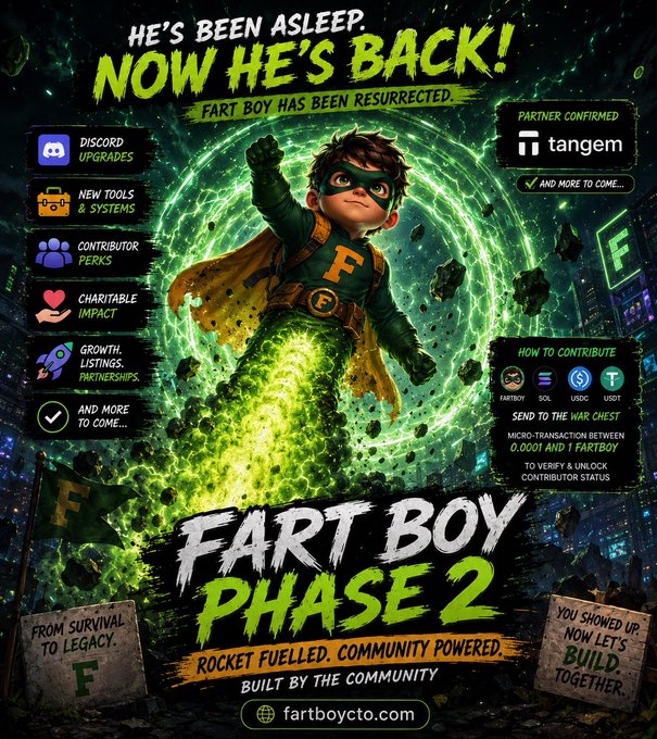 The image features a poster for the movie "Fart Boy" with a cartoon character dressed as a superhero, wearing a green outfit and a mask. The poster includes text that reads "He's been Asleep! Now He's Back!" along with an advertisement for the film's trailer phase 2. The poster also contains information about the film's trailer phase 2, which is a rocket-fueled community powered movie featuring a character named Fartboy.