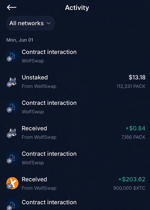 The image shows a screen with information about network activity, specifically showing the various transactions made by the WolfSwap app for cryptocurrency. The screenshot provides details of a trade where a person has received money from @Wolfswapdotapp for successfully completing some tasks. This payment was made using their account to transfer funds across the Bitcoin network to the WolfSwap account. In addition, it shows that they have been active in trading various transactions on the network and earned rewards through their activities such as contract interactions or receiving payments for their work with the app.