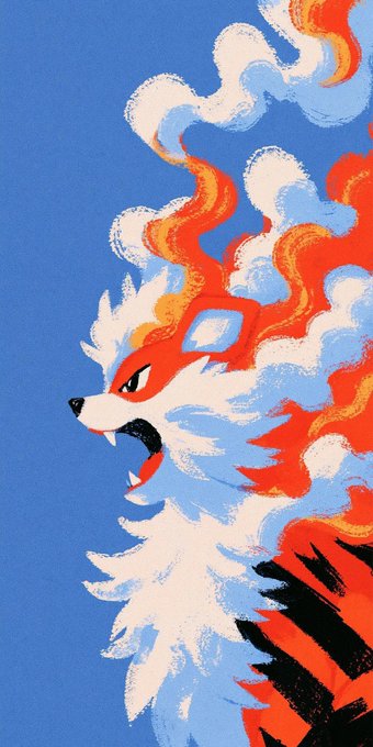 A stylized digital illustration of a fiery, fox-like creature with a white face and orange flame-like fur set against a blue sky background.