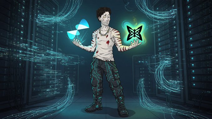 Stylized digital art illustration of a figure standing between server racks, holding a blue HNT/Helium symbol in one hand and a glowing green butterfly/moth symbol in the other, with electric energy streams around them.