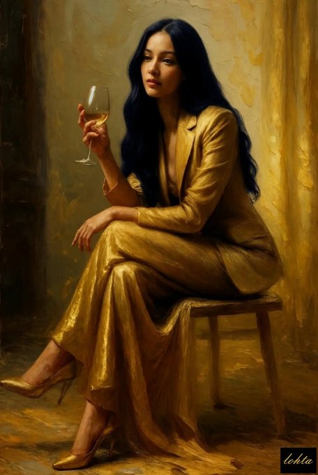 A contemplative woman in a flowing gold dress sits on a stool, holding a wine glass, with a "lohla" signature in the corner. The painting, titled "A Heart Buried in Gold," evokes a quiet melancholy that the post suggests is revealed further in an accompanying video, available as an open edition on objkt.com.