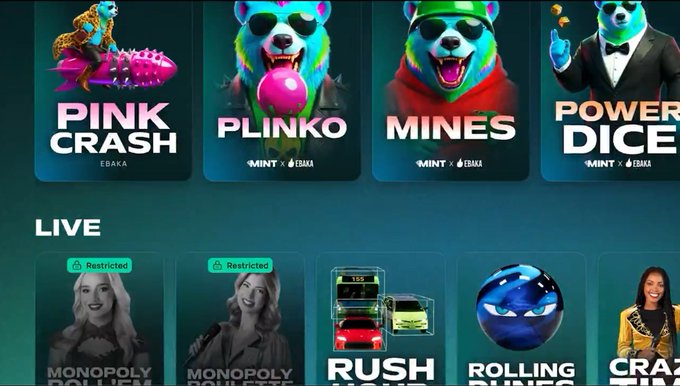 The image displays a casino gaming website featuring games like Pink Crash by EBAKA, Plinko, Mines, Power Dice, and a "LIVE" section with Monopoly Roulette, Monopoly Big Baller, Rush, Rolling, and Crazy Time. The accompanying text warns that failing to link collectible inventories to active betting accounts causes weekly margin loss and capital leakage across sessions.