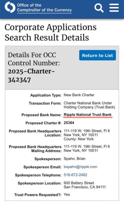 OCC Corporate Applications page showing a New Bank Charter application for 'Ripple National Trust Bank' (Control Number 2025-Charter-342347) headquartered in New York, with spokesperson Brian Spahn.
