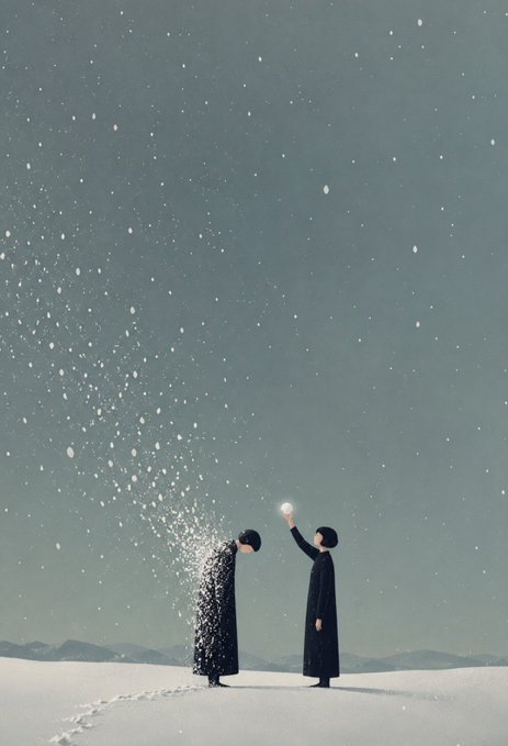 In this image, there are two people standing in a snowy field under a starry sky. One person has their hand outstretched towards another person holding a snow globe. The other person is looking up at the sky with a smile on their face. The scene captures a moment of joy and connection between the two individuals as they share this experience together, surrounded by the beauty of nature and the magic of the starry night.