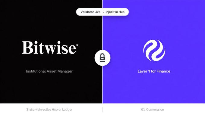 A split graphic for "Validator Live" featuring the Bitwise logo (Institutional Asset Manager) on a black background on the left and the Injective logo (Layer 1 for Finance) on a purple background on the right, with a lock icon in the center, indicating staking via injective Hub or Ledger for a 5% commission.